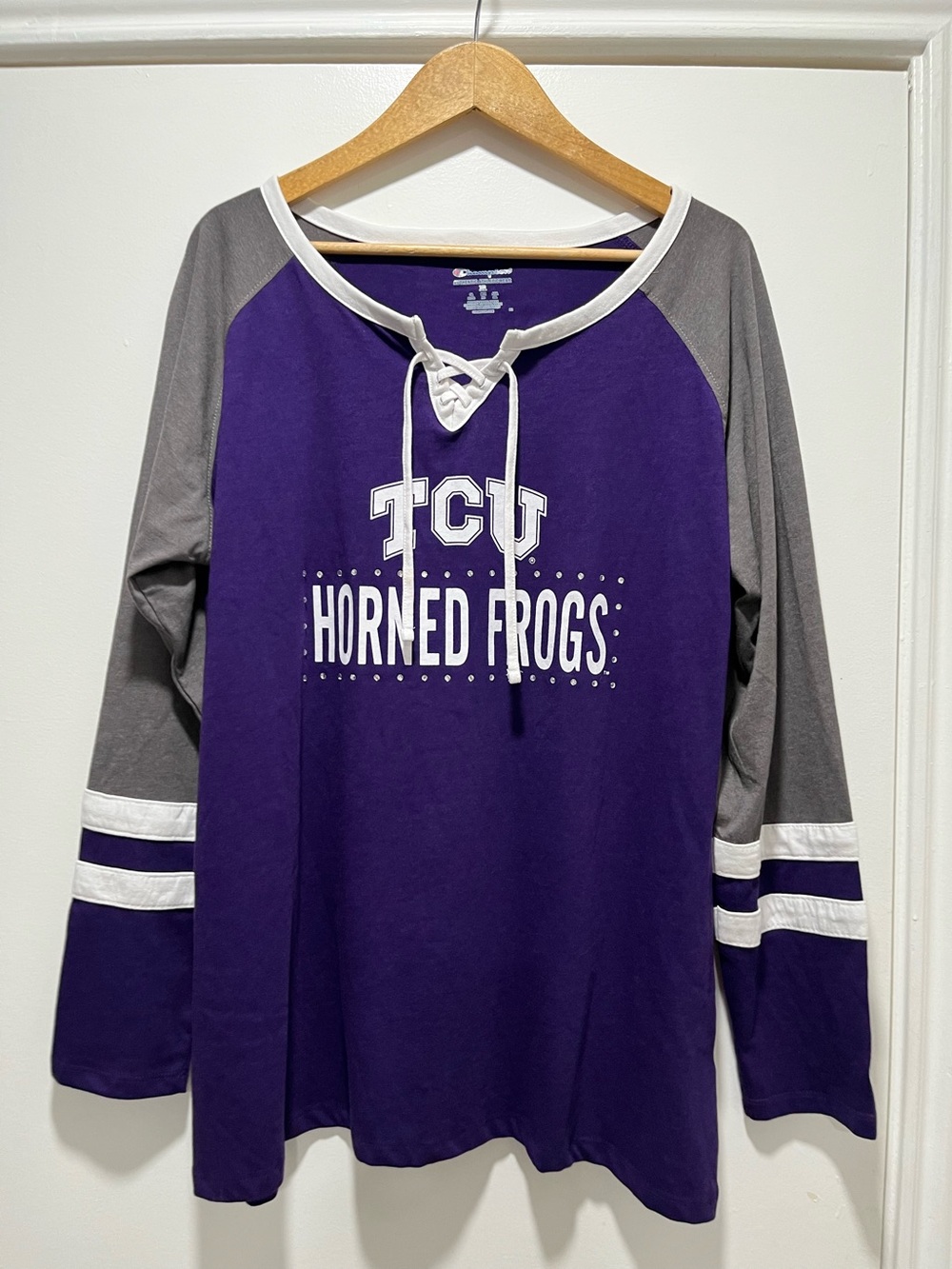 TCU Tshirt Embellished XL Horned Frogs Champion Tie Strings EUC